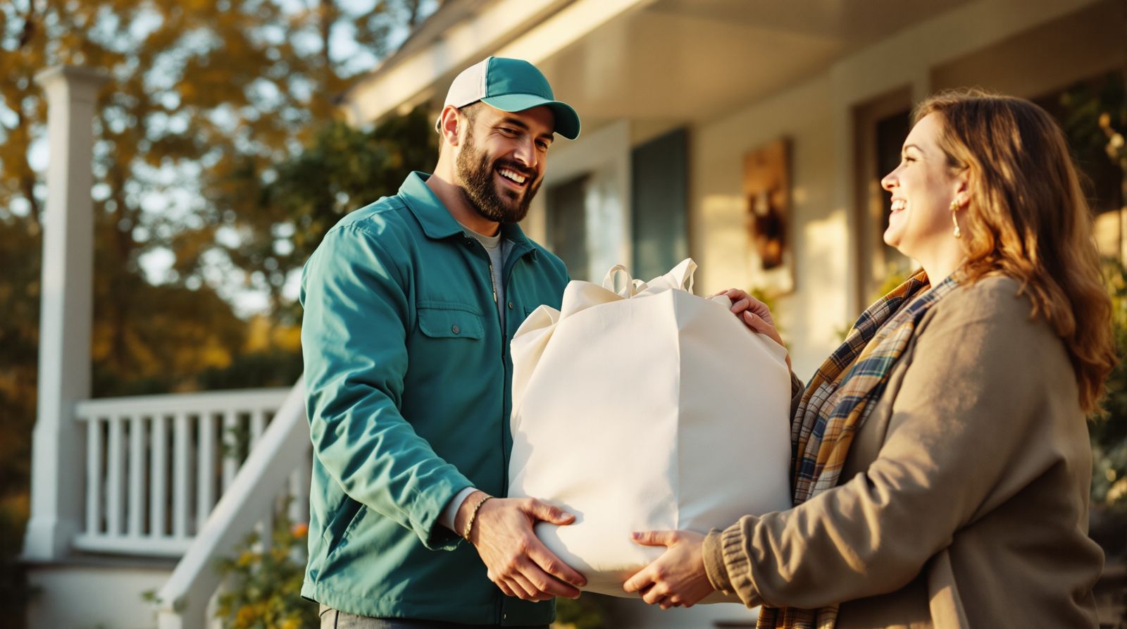 Driver collecting a laundry bag at a front door