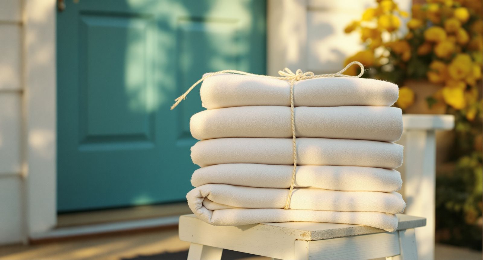 Folded laundry delivered to a porch