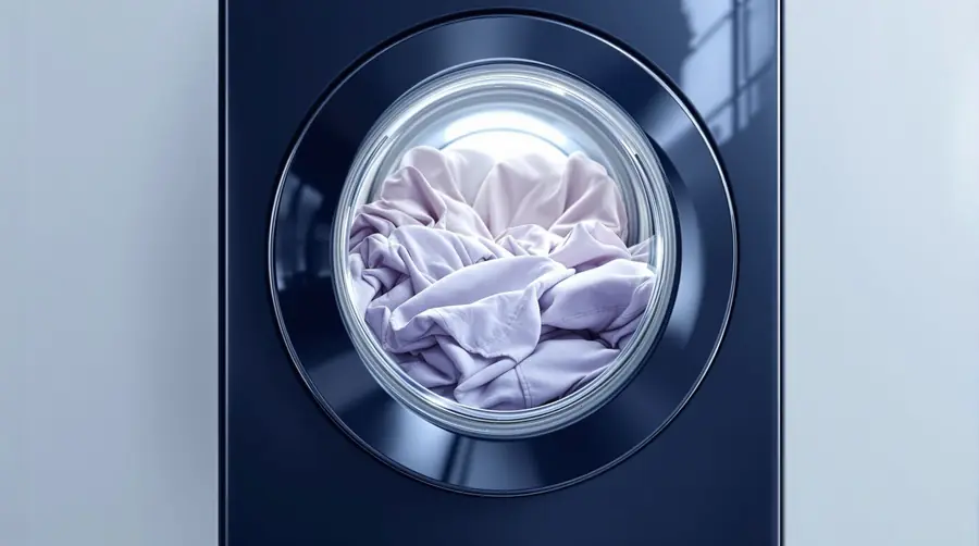 Laundry tumbling behind a washer porthole
